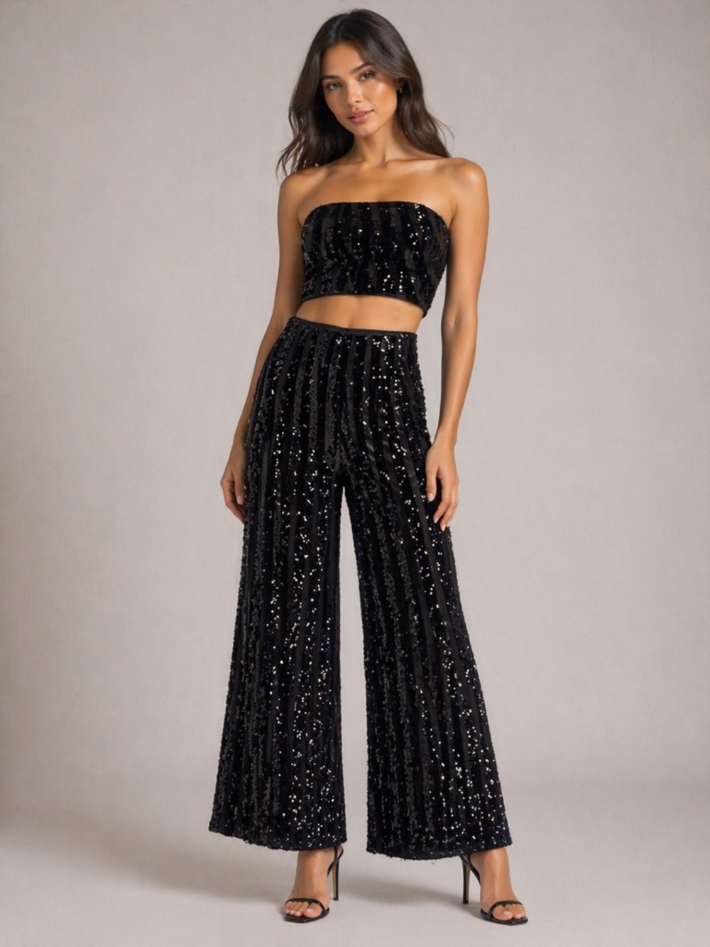 AKIRA Black Sequin Wide-Leg Pants | High Waist | S/M | Glam Night Out